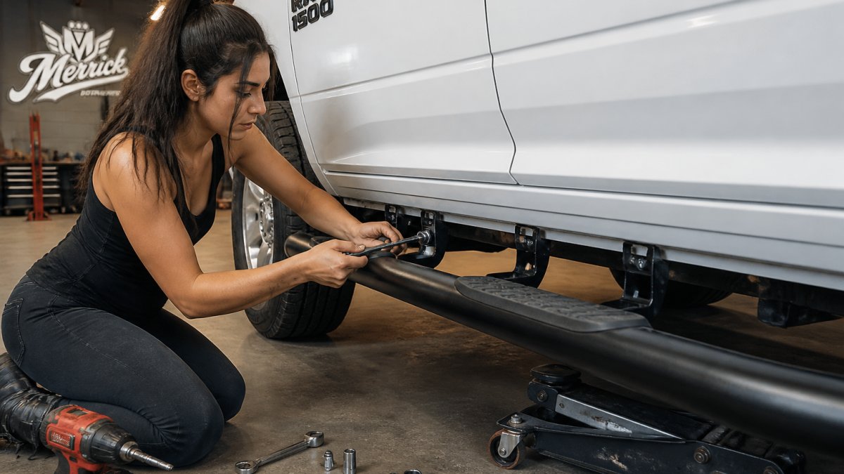 Professional technician's hands installing nerf bars on a Ram 1500 truck, showing mounting brackets and bolts being tightened in a garage setting with overhead lighting