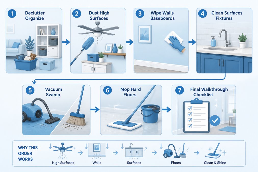 Flowchart showing the correct cleaning order: 1) Declutter and organize, 2) Dust high surfaces like ceiling fans, shelves, and cabinet tops, 3) Wipe walls and baseboards, 4) Clean surfaces and fixtures, 5) Vacuum and sweep, 6) Mop hard floors, 7) Final walkthrough with checklist. 1. Declutter and organize each room 2. Dust high surfaces: ceiling fans, shelf tops, cabinet tops 3. Wipe walls, switch plates, and baseboards 4. Clean counters, sinks, and fixtures 5. Vacuum rugs, carpets, and upholstery 6. Sweep, then mop hard floors 7. Do a final walkthrough with a checklist Floors always come last. That's the whole point of the order. ## Your Room-by-Room House Cleaning Checklist A room-by-room [house cleaning checklist