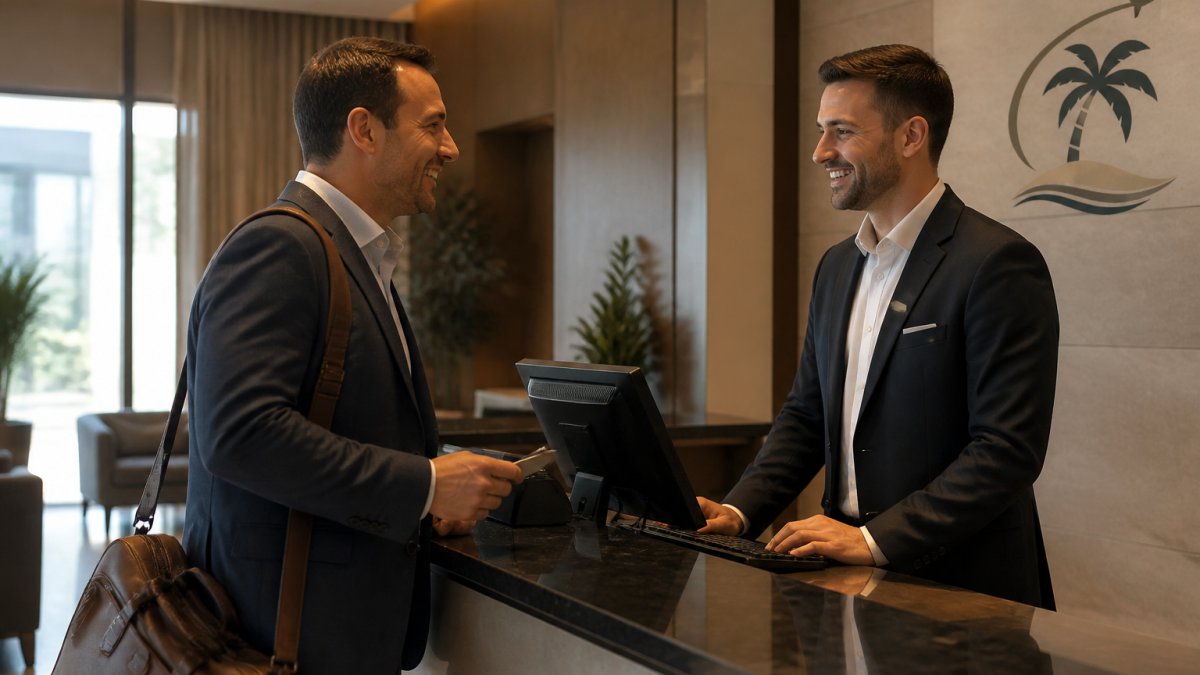Professional traveler at hotel front desk speaking with agent during check-in, both smiling, agent at computer, guest holding key card with natural lobby lighting
