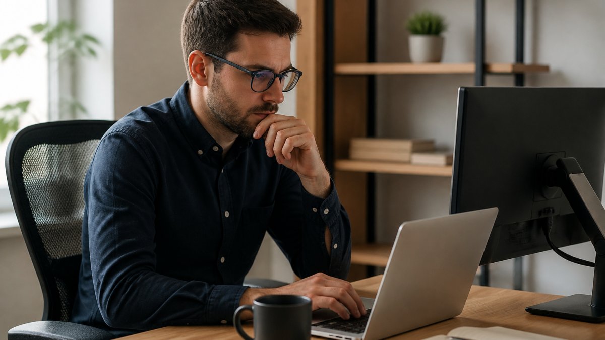 IT consultant analyzing client data on a laptop to help grow your business automatically