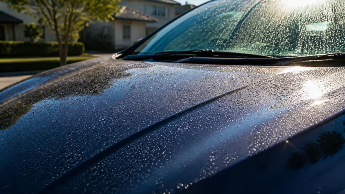 Close-up of a freshly washed car exterior with water beads glistening on the hood and windshield under bright sunlight, showing professional detailing shine