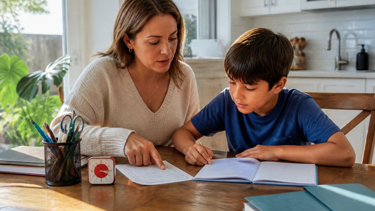 Infographic outlining a step-by-step process to improve child focus during homework using a checklist and timer.