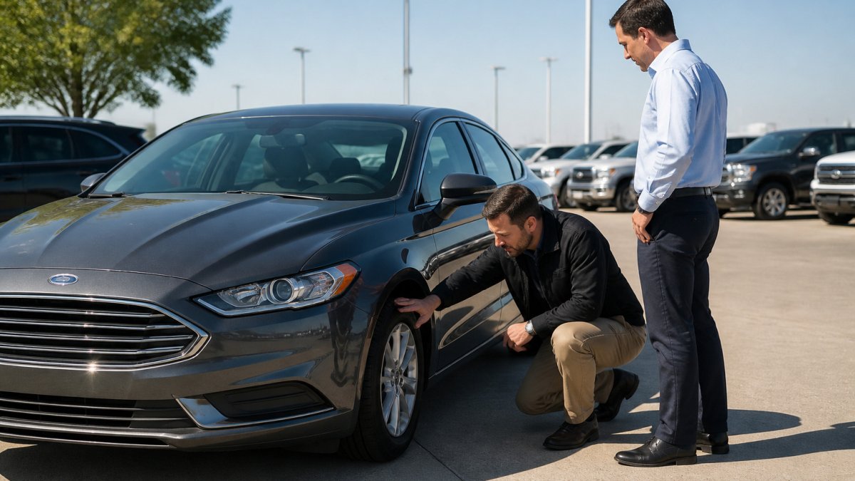 Buyer and salesperson inspect used car tires at a dealership before a test drive