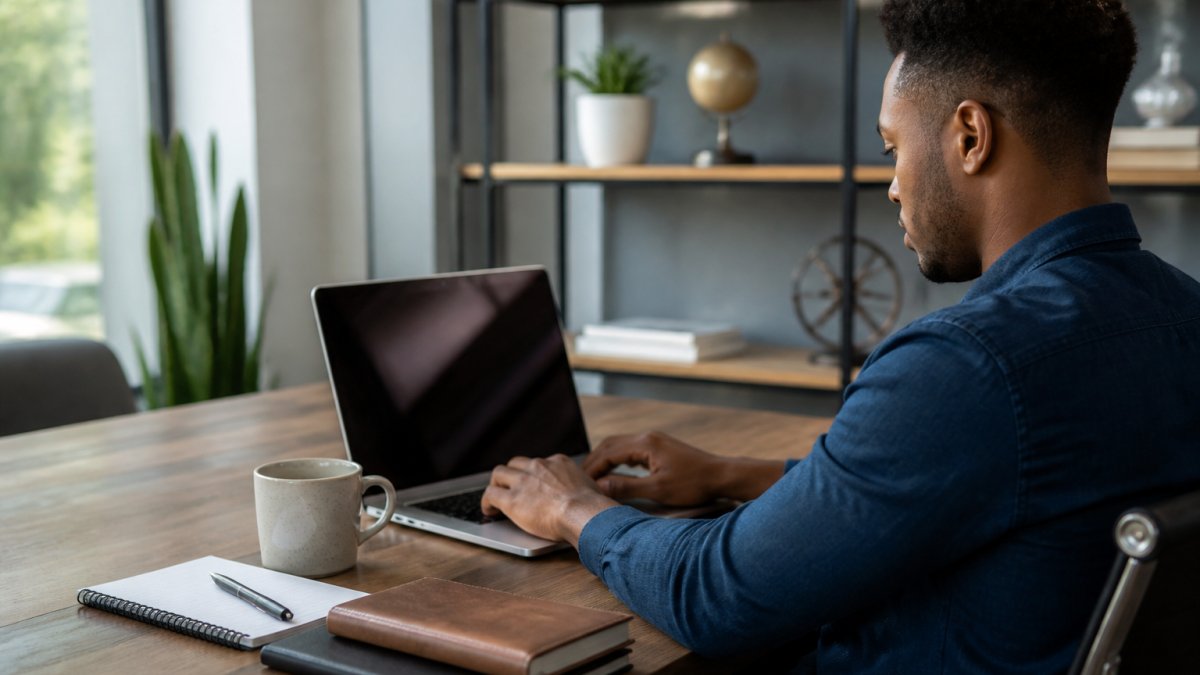 Professional working on a laptop to make money using AI blueprint in a sunlit modern office setting