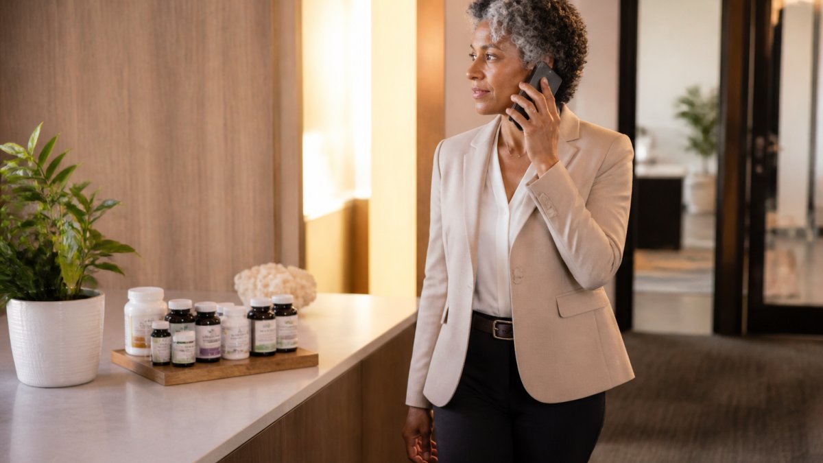 A professional in their 40s at a tidy desk with a closed laptop, a short handwritten to-do list, and a glass of water, pausing to reset before the next task in a bright office