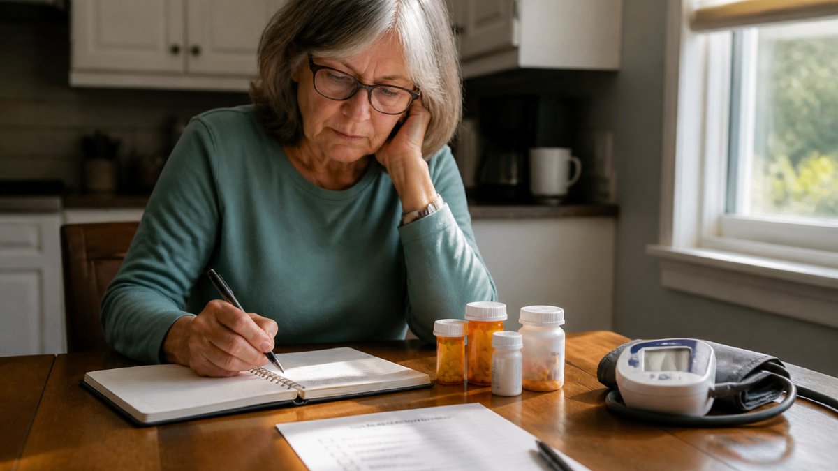 A patient sitting at a kitchen table with an open notebook, several pill bottles, a home blood pressure monitor and a printed checklist, morning light through the window