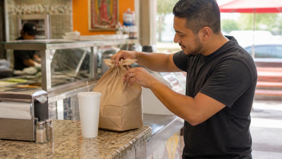 Customer checking their takeout bag of tacos to confirm their order mexican food at a sunny taqueria counter