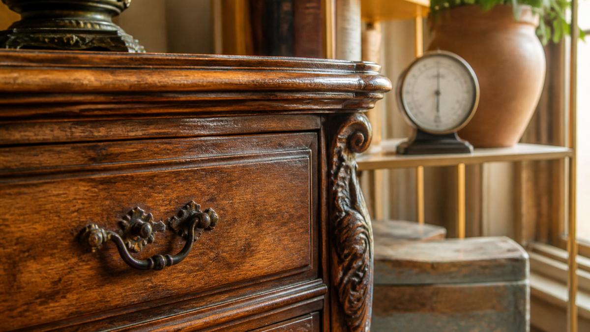 Close-up of antique wooden furniture piece with visible wood grain and finish, placed in a well-lit room with a hygrometer visible on a nearby shelf