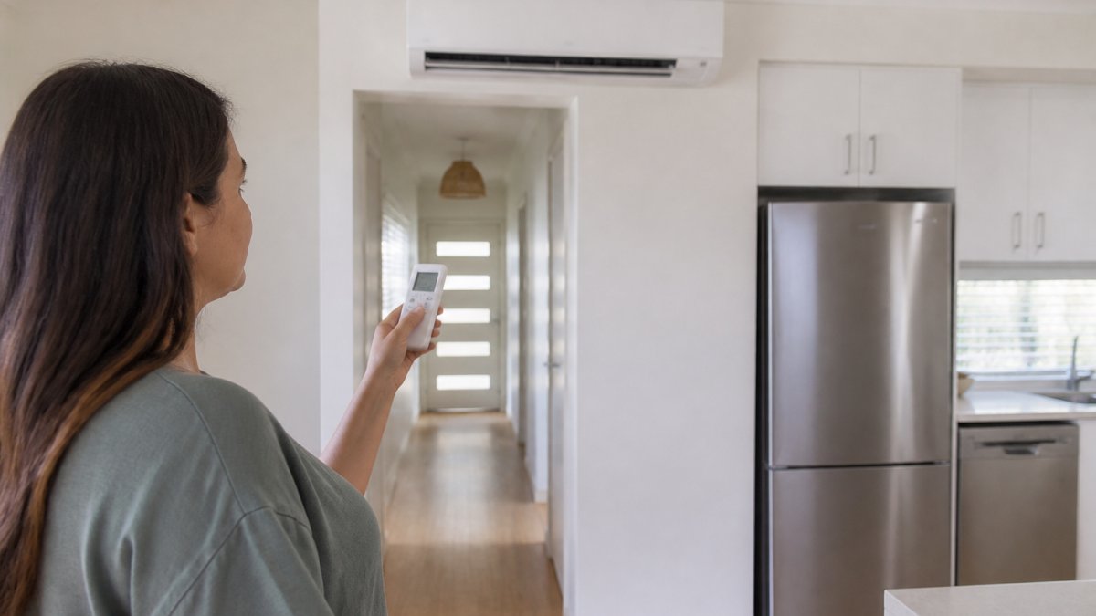 A homeowner in a bright Australian kitchen adjusting the temperature on a reverse-cycle air conditioner remote while a modern fridge and dishwasher are visible in the background