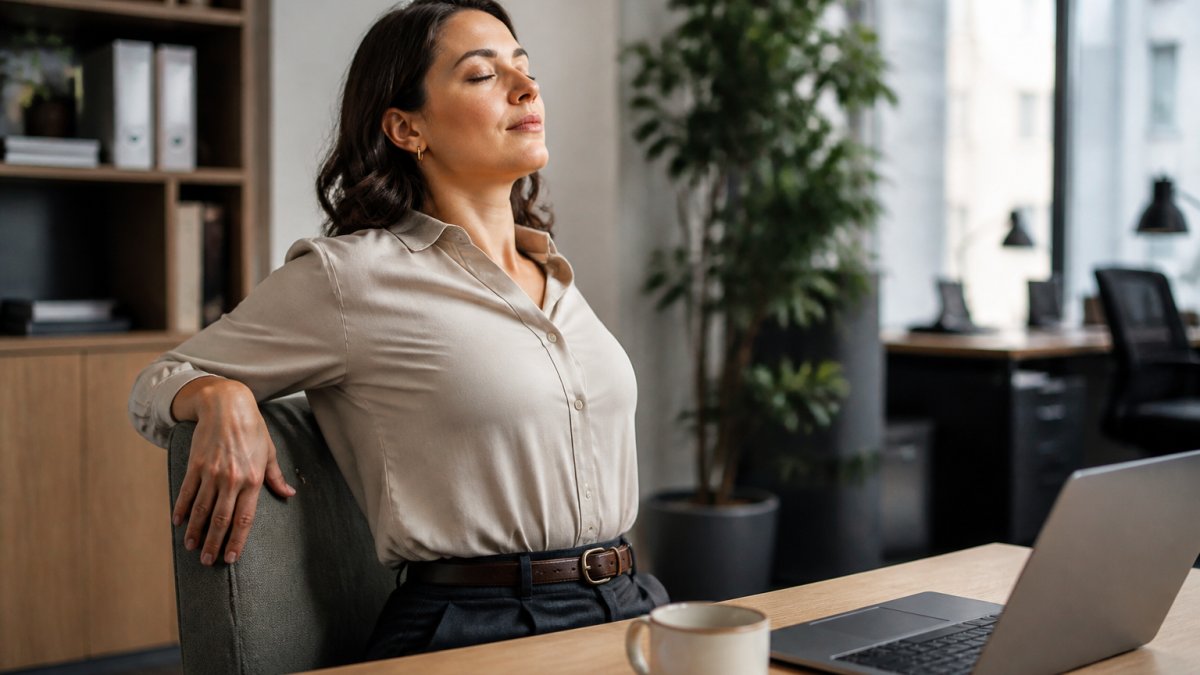 An office worker in a bright workplace pausing at their desk to perform a slow shoulder roll, one hand resting on the chair back, laptop and coffee mug visible beside them