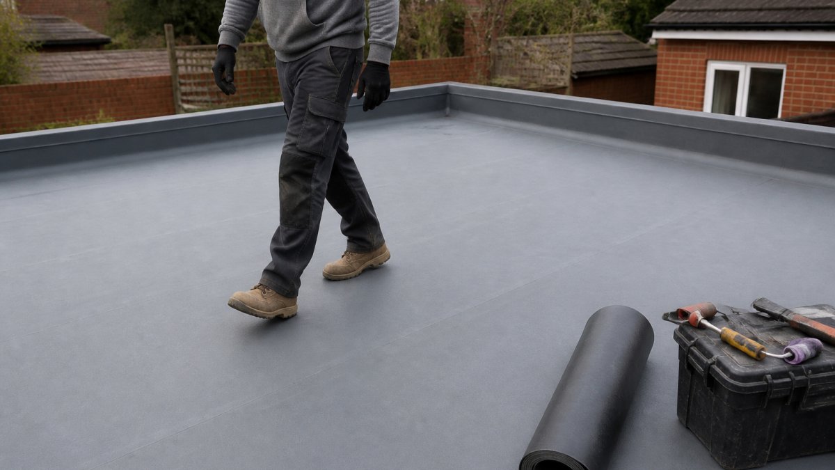 Professional wearing soft-soled shoes to safely walk on rubber roof membrane with measured, careful steps.