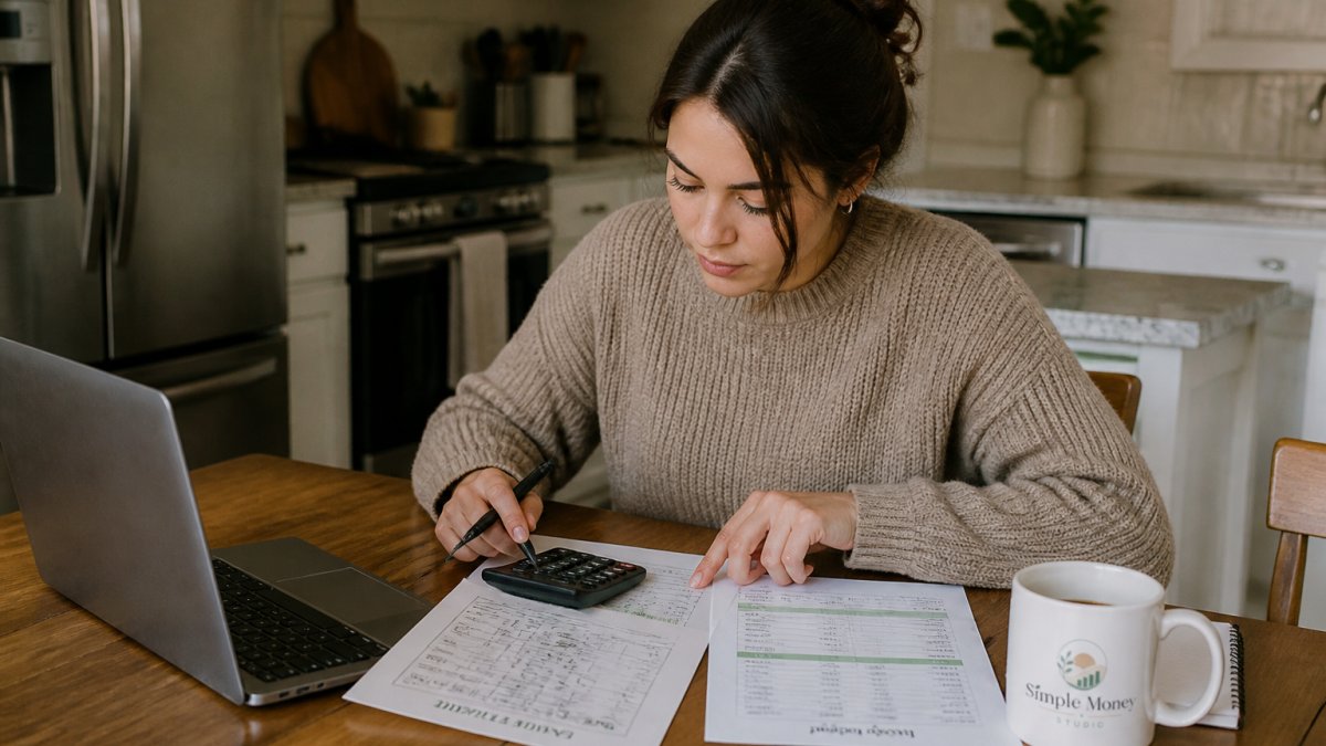 A young adult sitting at a kitchen table with a laptop, a printable savings tracker, and a pen, reviewing monthly budget numbers with a coffee mug nearby