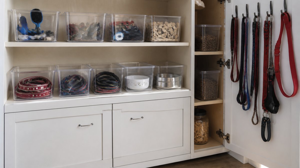 Clear labeled bins on shelves holding grooming tools, bowls, and leashes in a bright, organized pet supply station.