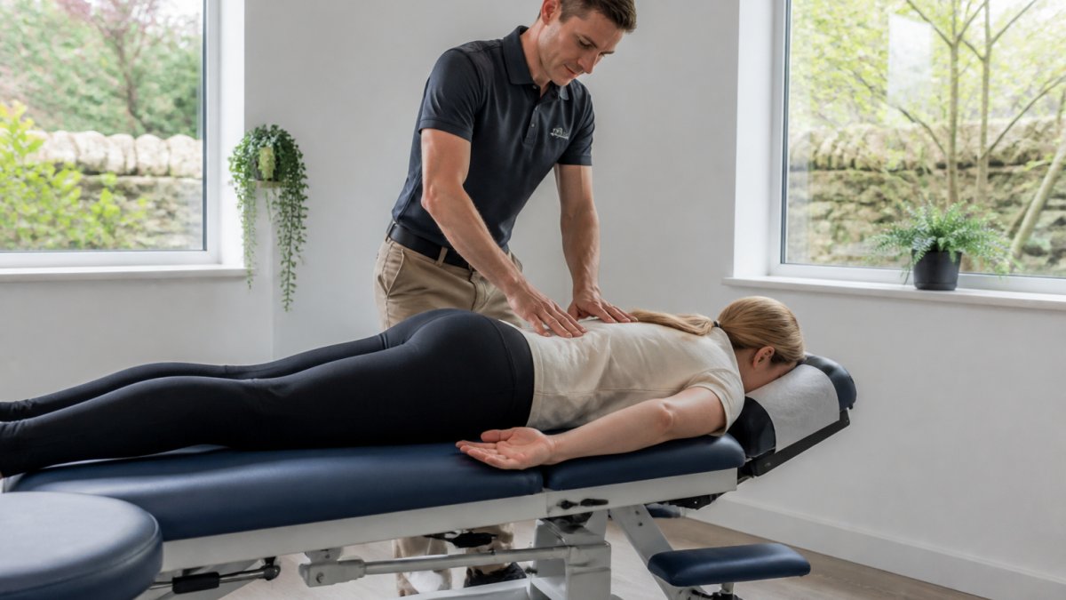 Person lying on their back in bed with a pillow positioned under their knees, demonstrating proper spinal alignment with neutral spine curve and relaxed shoulders on a supportive mattress