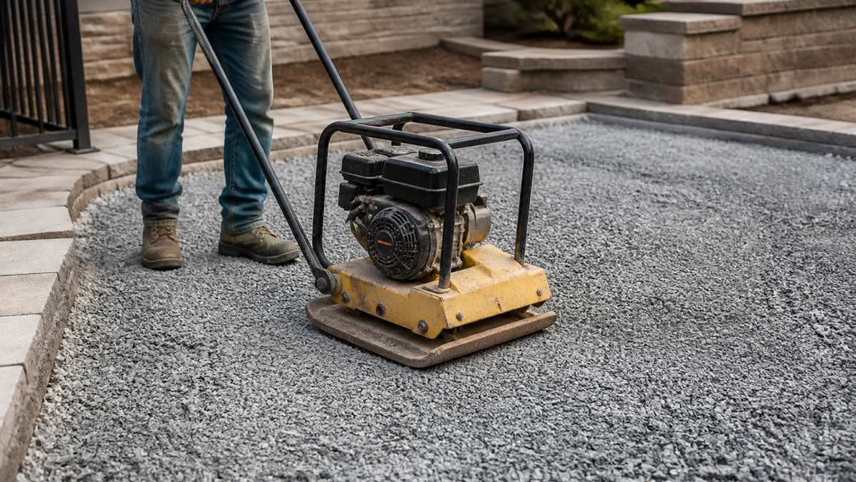 Contractor using a plate compactor on crushed stone to prevent patio pavers shifting by creating a firm base.
