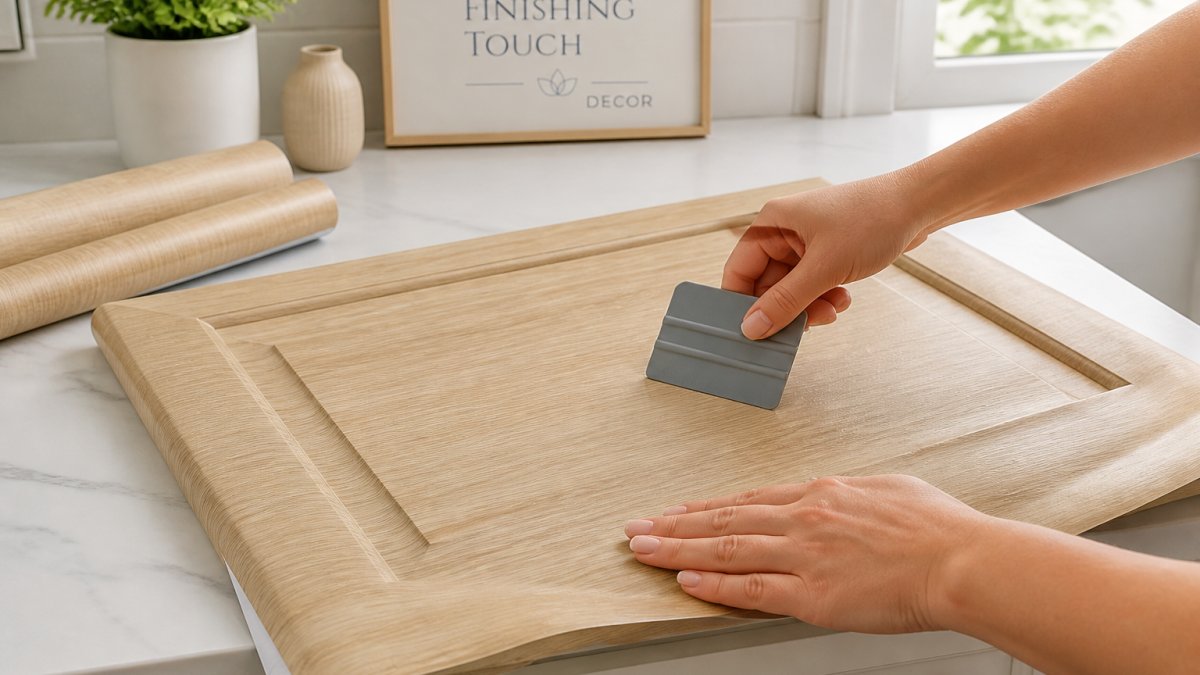 Step-by-step process of applying adhesive wood-grain contact paper to a cabinet door using a plastic smoother.