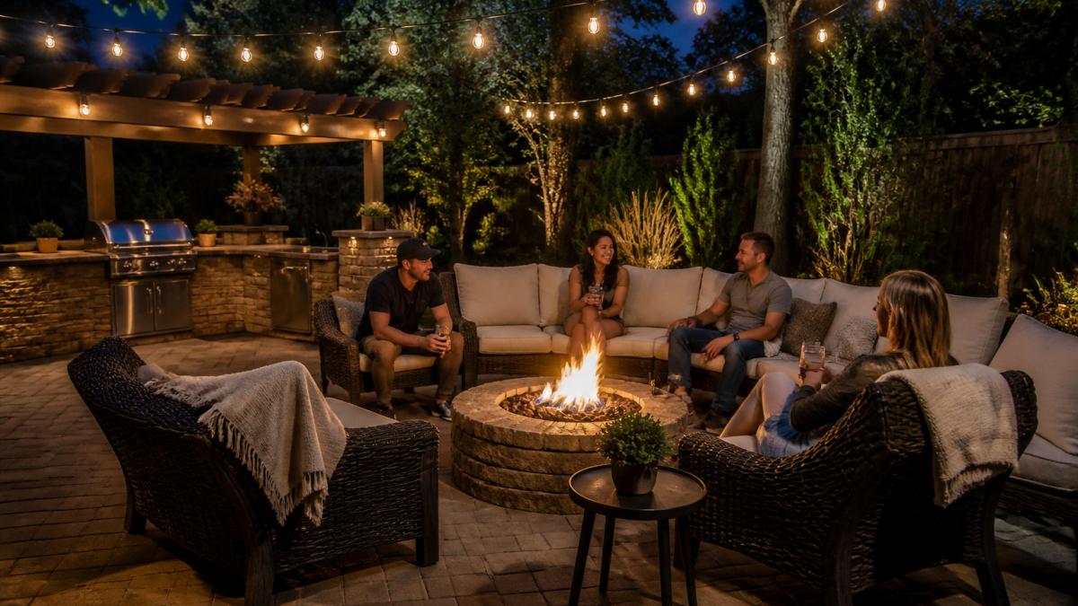 Friends relaxing around a glowing fire pit on an upgraded backyard patio with cozy string lights at dusk.