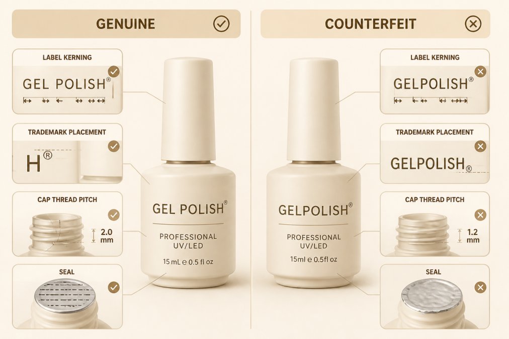 Infographic comparing packaging, labeling, and bottle details between authentic and counterfeit gel polish.