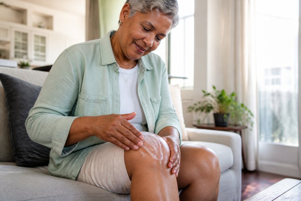 Close-up of a person's hand gently applying white lotion to their knee joint in a bright, clean living room, with a relaxed expression and soft natural window light