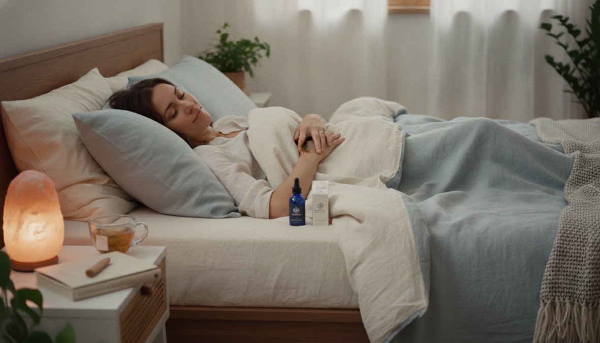 Person sleeping peacefully in a calm bedroom with soft natural light filtering through sheer curtains, comfortable bedding, and minimal distractions