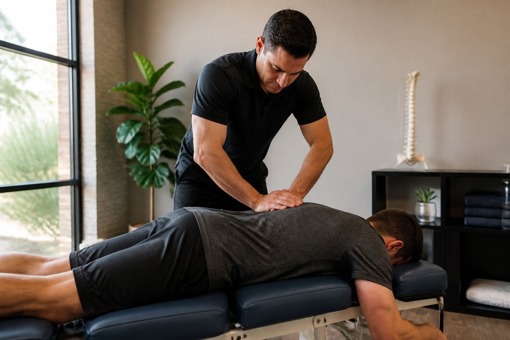 A chiropractor performing a gentle spinal adjustment on a patient lying face-down on a treatment table in a bright, modern clinic room