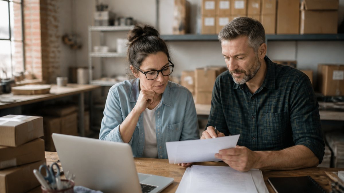 Small business owner and HR professional reviewing co-employment small business documents at a modern office desk