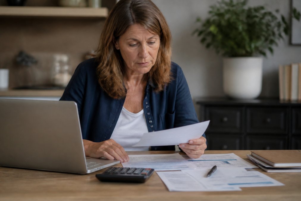 Professional middle-aged woman reviewing retirement documents and financial statements at a desk with laptop, calculator, and papers in natural office lighting