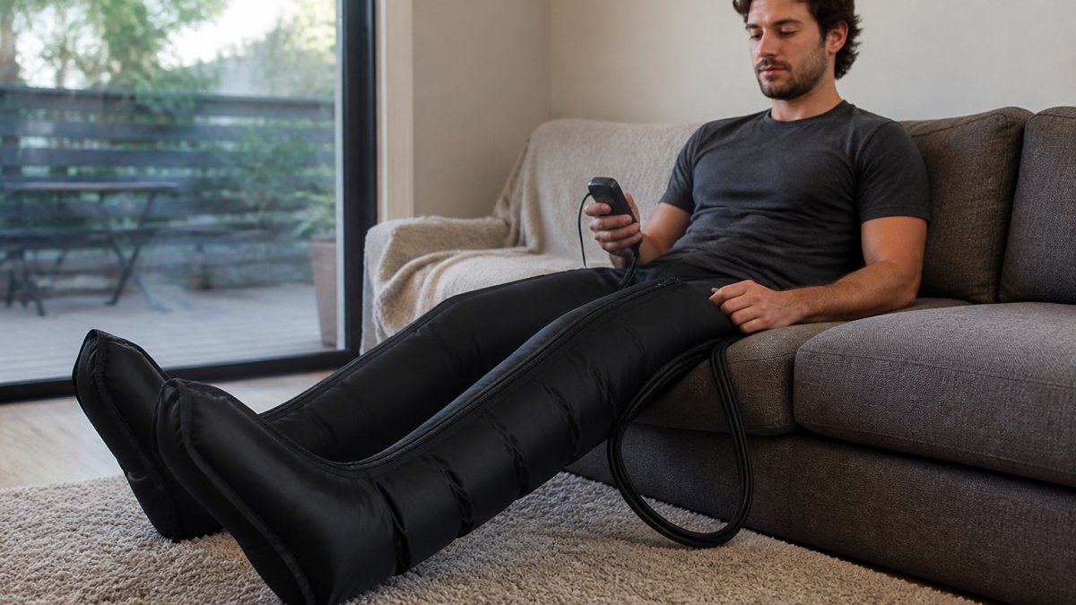 Person sitting comfortably on a couch wearing full-leg compression boots, relaxing with the LED controller in hand during a recovery session