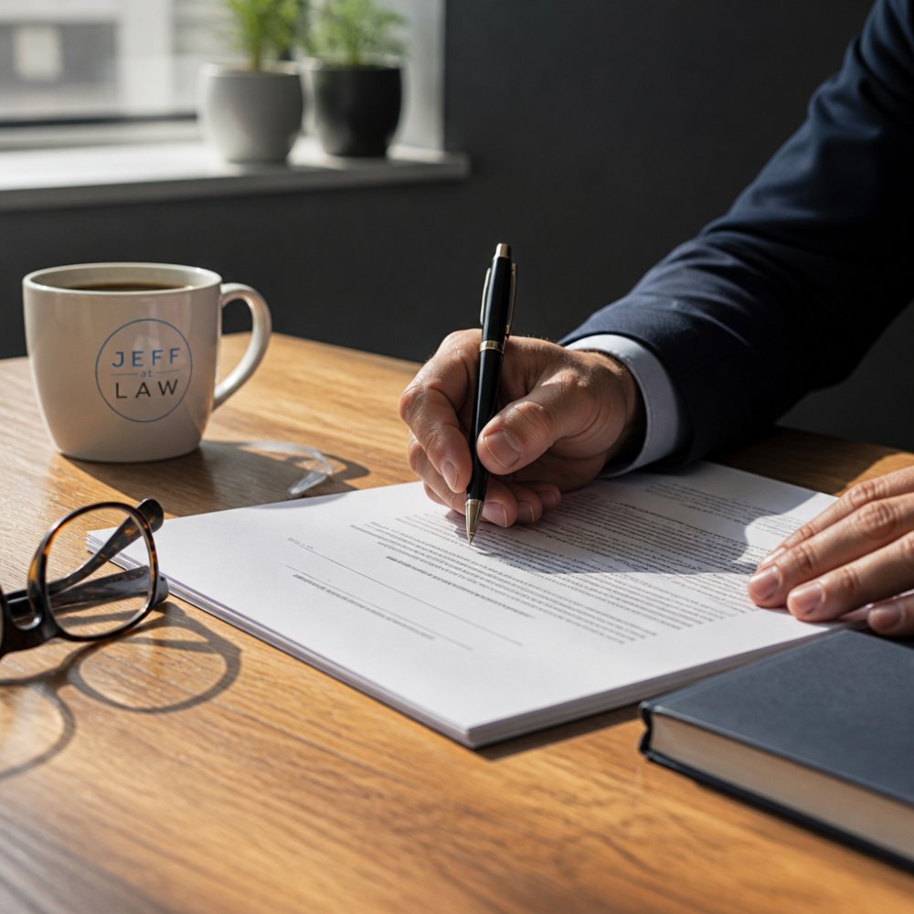 A close-up of a person's hands holding a pen over a legal document on a wooden desk, with a coffee cup and reading glasses nearby, natural window light