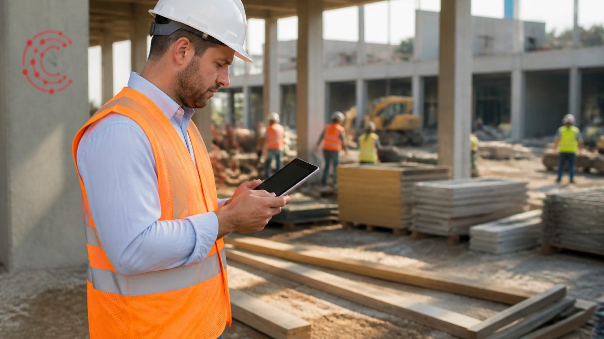 Construction project manager reviewing cost data on a tablet at a job site with workers and materials visible in the background, natural daylight