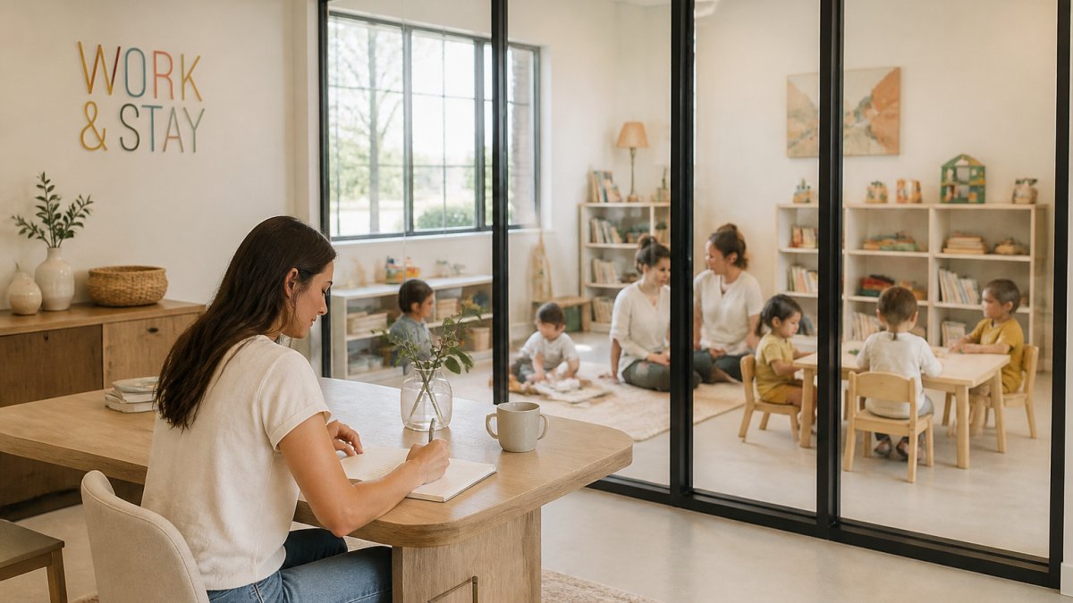 Professional parent working at a desk in a bright, quiet coworking space with large windows, while children engage in supervised play and learning activities visible in an adjacent glass-walled room with colorful educational materials