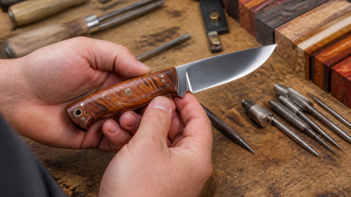 Close-up of a knife maker's hands holding a finished custom knife with a polished hardwood handle, engraving tools and handle material samples on a workbench behind it