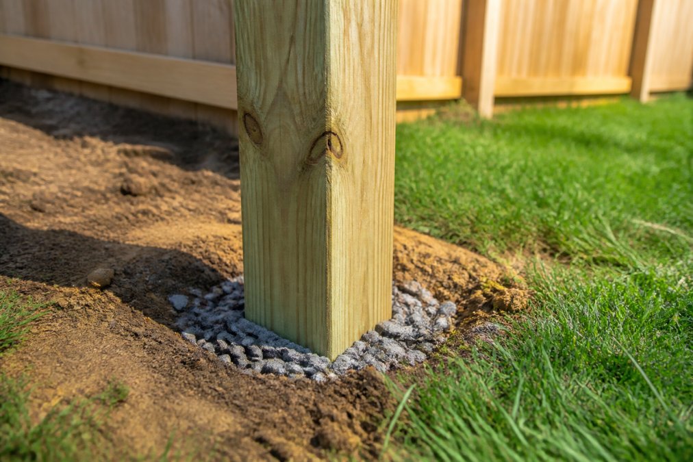 Close-up of a properly set fence post showing the post extending above ground level with tamped soil and gravel base visible at ground level in afternoon sunlight