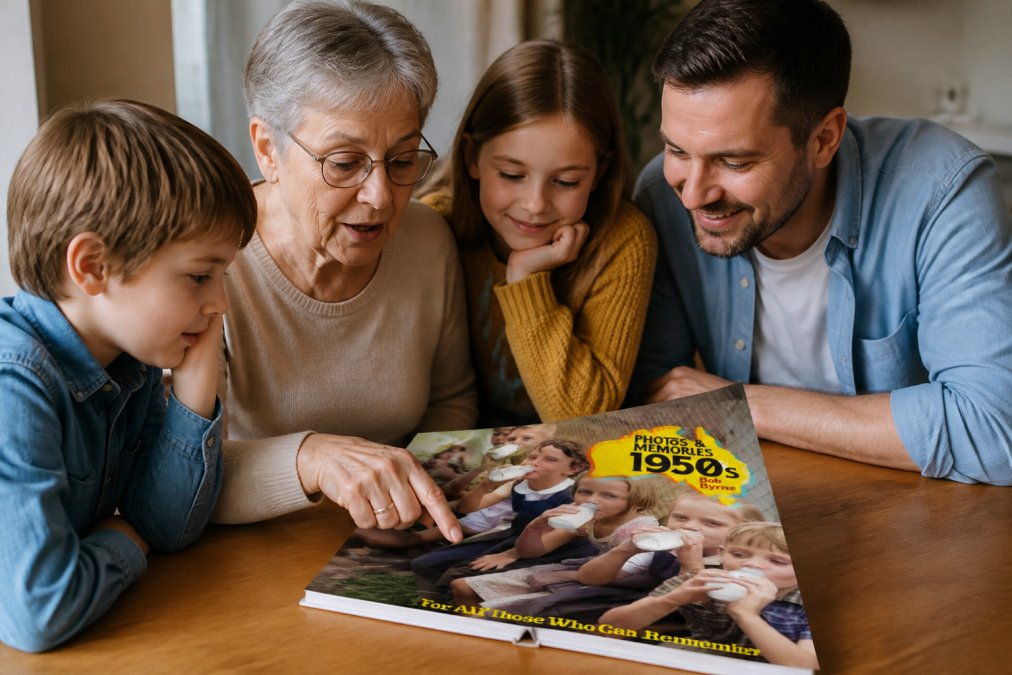 Three generations gathered around a wooden table examining an open history photo book together, with an elderly person pointing to a photograph while younger family members listen attentively and smile, warm natural light illuminating their faces and the pages