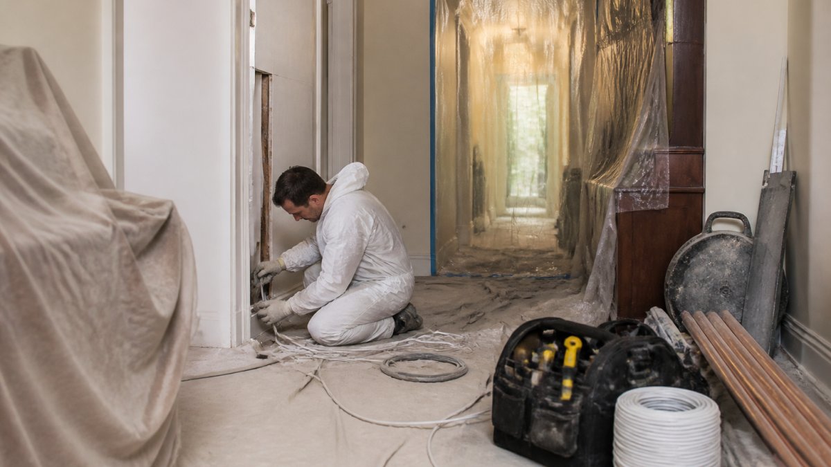 Electrician laying cable during a house rewire with dust sheets protecting furniture and doorways.
