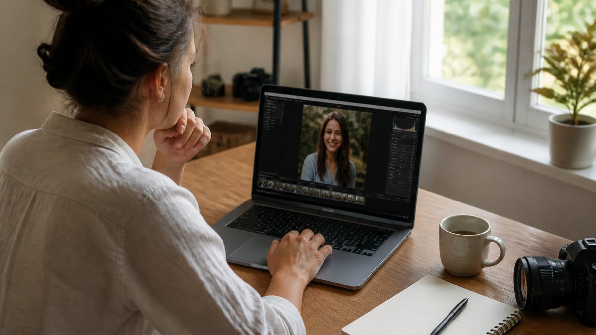 Photographer editing a portrait on a laptop at a home desk with coffee