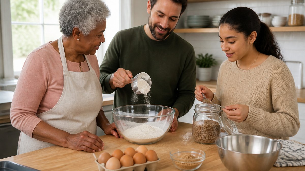 Multigenerational family measuring flour and flaxseed together in a bright kitchen