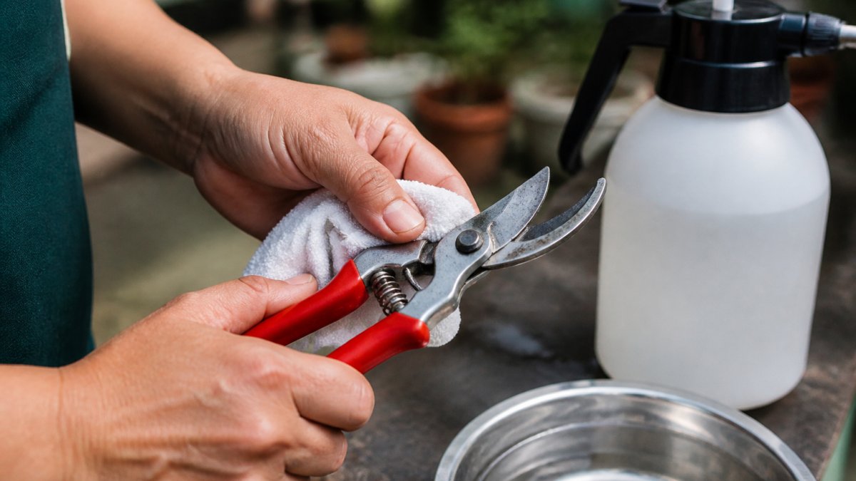 Step-by-step guide showing how to disinfect pruning shears with a cloth and solution to prevent plant disease.