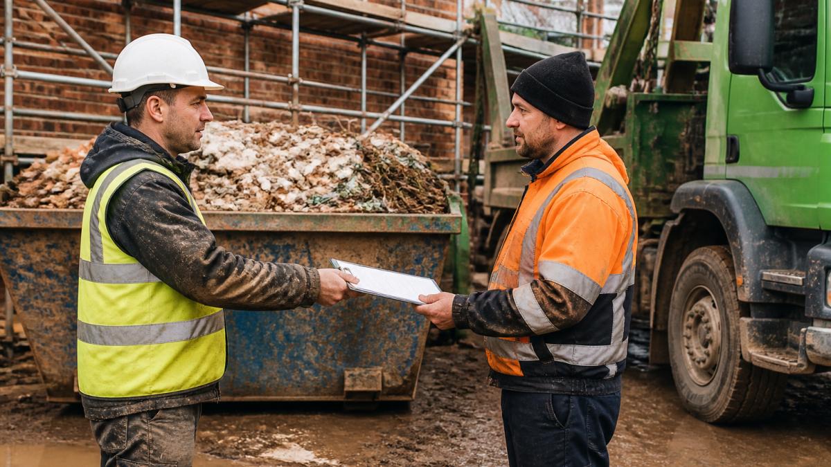 A site foreman in a hi-vis vest and hard hat handing a clipboard of paperwork to a grab lorry driver beside a loaded skip on a muddy construction site, with a brick wall and scaffolding in the background