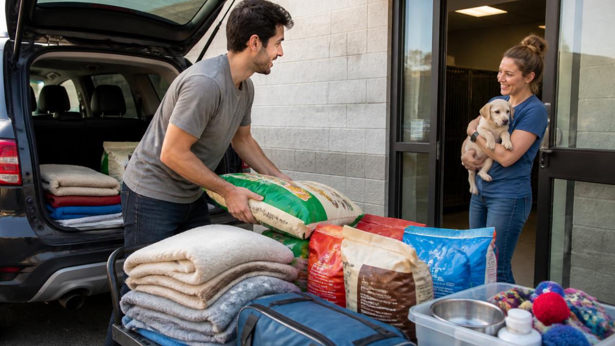 Volunteer unloading dog food and blankets at a shelter as a staff member holds a puppy