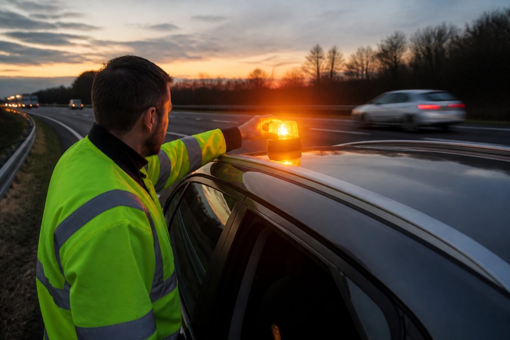 How Do GPS Breakdown Beacons Work? V16 Guide 2026 A driver placing a small amber flashing beacon on the roof of a car stopped on the hard shoulder of a motorway, with traffic passing in the background at dusk