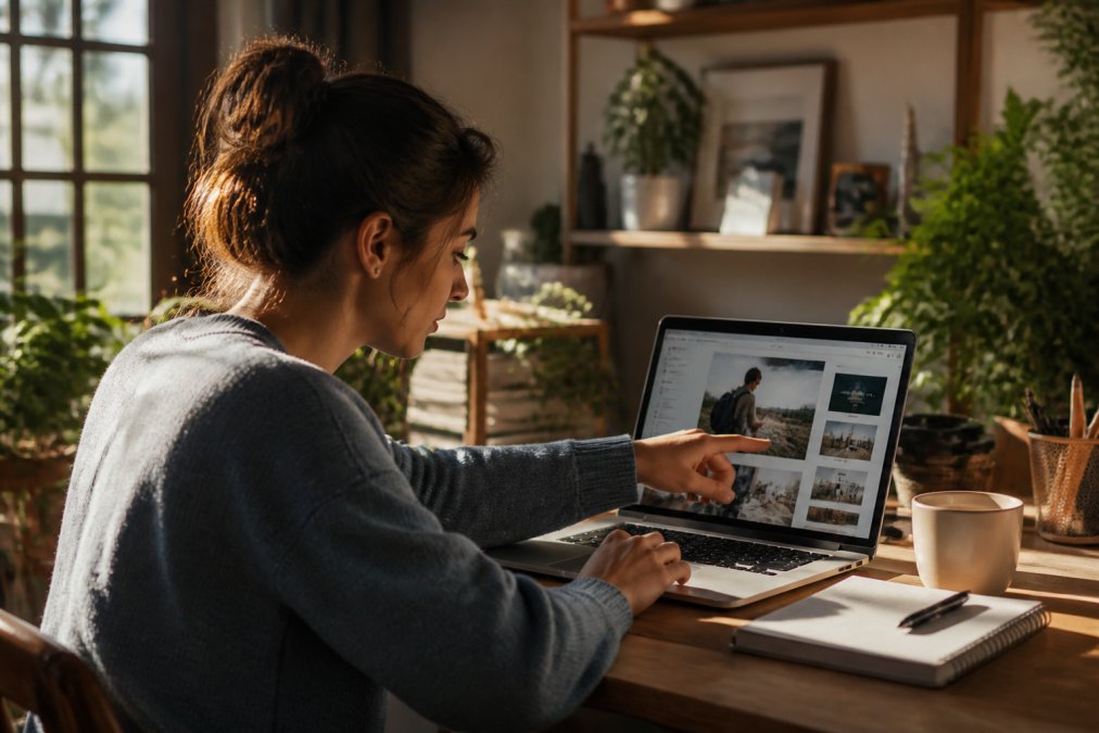 Entrepreneur sitting at a home desk using a laptop to build a website with custom design elements.