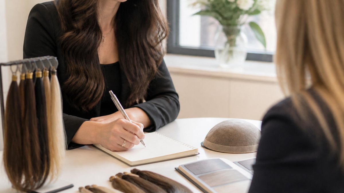 Woman in a private consultation room having a thoughtful conversation with a hair specialist, taking notes and discussing hair concerns in natural lighting