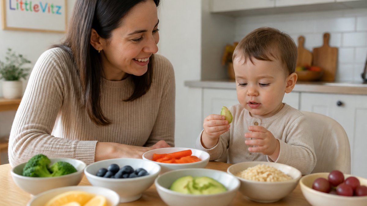 A parent and toddler sitting together at a bright kitchen table, with small colourful bowls of different foods arranged in front of the child. A common mistake is offering a new food once, getting a "no", and crossing it off forever. ### The Step-by-Step Exposure Hierarchy An exposure hierarchy is a ladder of small steps towards eating a new food, starting with the least scary. Move up only when your child is comfortable. 1. **See it** - the food sits on the table, untouched 2. **Touch it** - they poke it, hold it, or move it around the plate 3. **Smell it** - a sniff counts as progress 4. **Lick it** - a taste on the lips or tongue 5. **Bite and spit** - chewing without swallowing is allowed 6. **Swallow** - the final rung, and often the slowest This can take weeks. That is normal, and rushing it usually backfires. :::tip Serve new foods next to a safe food, never instead of it. Your child relaxes when the familiar favourite is still on the plate, which makes the new item feel less like a threat. ::: ### Food Chaining: A Ladder Built From Foods They Already Trust Most guides stop at the exposure ladder. Food chaining starts from a food your child already accepts and changes just one property at a time, shape, brand, flavour, or texture, so the leap never feels like a leap. Here is how a chain might look for a child who currently eats only plain potato waffles: 1. **Same food, new shape** - cut the waffle into triangles instead of squares 2. **Same shape, new brand** - try a different supermarket's version 3. **Same brand, new texture** - toast it a little longer for extra crunch 4. **Same texture, new colour** - add a smear of butter or a mild dip 5. **Same dip, new base** - offer a plain cracker alongside the waffle 6. **New base, similar crunch** - a plain oatcake or rice cake Each rung changes only one thing. If your child refuses a step, drop back one rung for a few days before trying again. ### Sensory-Friendly Preparation Techniques Sensory-friendly preparation means changing how a food looks, feels, or smells so it feels safer. A raw carrot stick and a roasted carrot are, to a sensory-sensitive child, two unrelated foods, as are a steamed broccoli floret and a blended broccoli soup. - **Keep it crunchy** if your child avoids soft, wet textures - raw pepper strips, cucumber batons, or lightly toasted veg often work better than steamed - **Serve it warm** if cold foods trigger a reaction - room-temperature or chilled items can feel more intense than warm ones - **Cut it into strips** rather than cubes for easier handling and a more predictable bite - **Separate foods** on the plate so nothing touches, and use a compartment plate if that helps - **Offer one new item at a time** to avoid overload, and keep portions tiny - a single pea counts A useful rule of thumb: if a child rejects a food three times in the same form, change the form before you change the food. ## Picky Eater Meal Ideas That Actually Work Picky eater meal ideas work best when they build on foods your child already trusts, then add small twists, nutrient density without triggering a refusal. Try these simple combinations: - **Hidden veg pasta sauce** blended smooth into a familiar tomato base - **Mini muffins** with grated carrot or courgette - **Savoury pancakes** with finely chopped spinach - **Smoothie bowls** topped with a safe fruit - **Toast fingers** with mashed avocado or bean spread ### Moving Beyond the Green Smoothie The green smoothie has become the default answer to fussy eating, and many parents hit a wall with it. Children get bored of the same green drink, and some refuse it after a few weeks. If green smoothies have stopped working, rotate your approach: - Swap the smoothie for a **chocolate-flavoured milk drink** they actually ask for - Blend greens into **sauces, soups, or baking** instead - Try **frozen fruit lollies** with hidden veg - Add a **nutrition powder** to milk or a shake for a smooth, familiar taste This is where a product like [LittleVitz Kids Super Greens