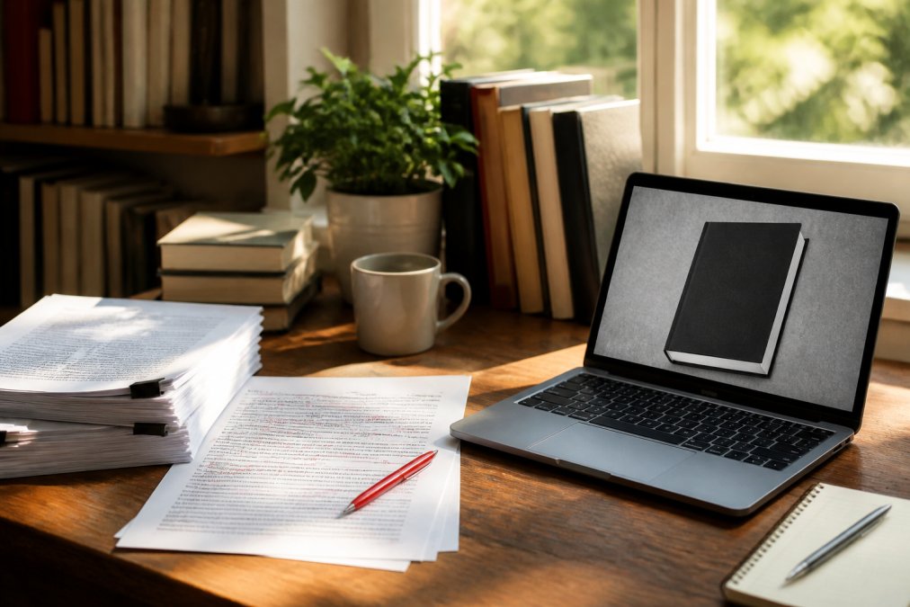 A writer's desk covered with a printed manuscript, red editing pen, and a laptop showing a book cover draft, warm afternoon light through a window