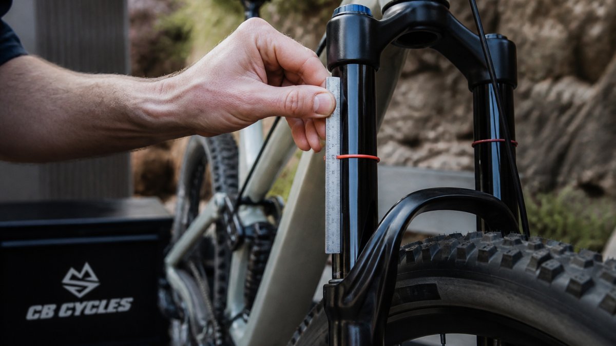 Close-up of a rider's hand measuring fork sag with a ruler on a mountain bike fork stanchion, with natural outdoor lighting