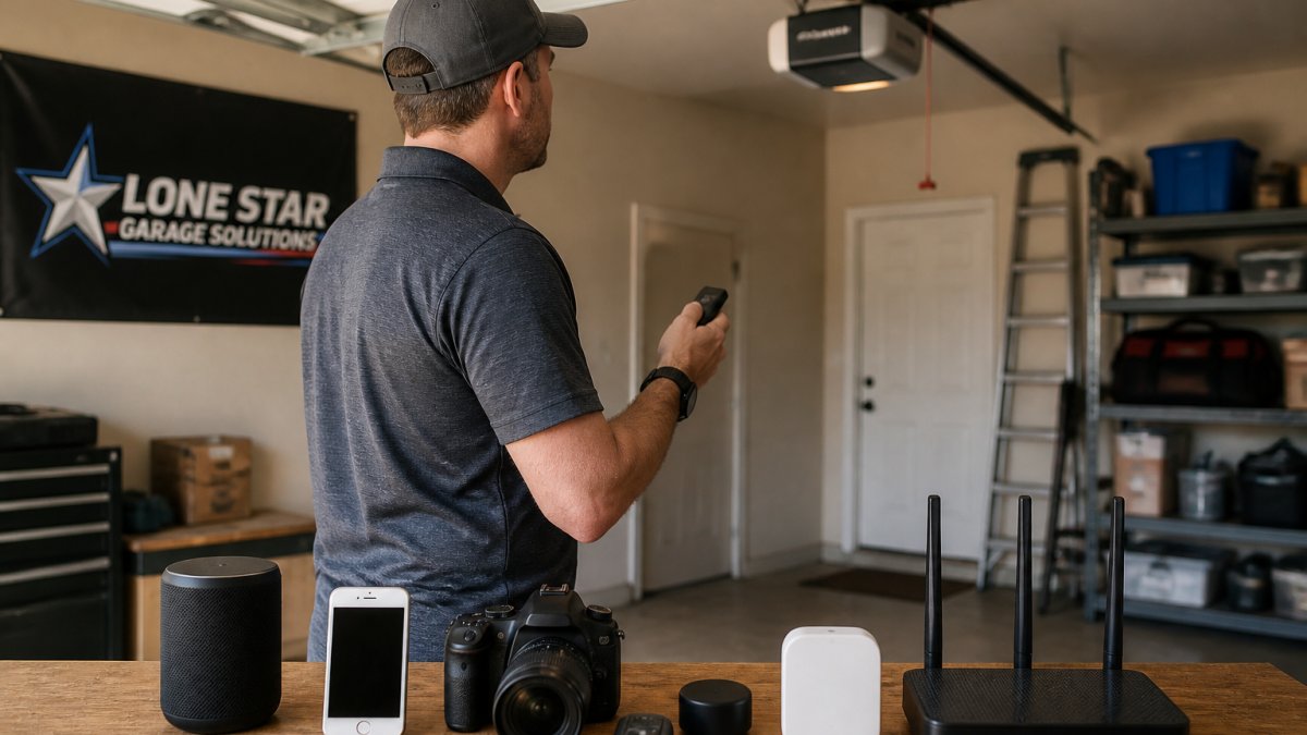Homeowner testing garage door remote at different distances from the opener, with smartphone, camera, and other electronics visible in the garage background