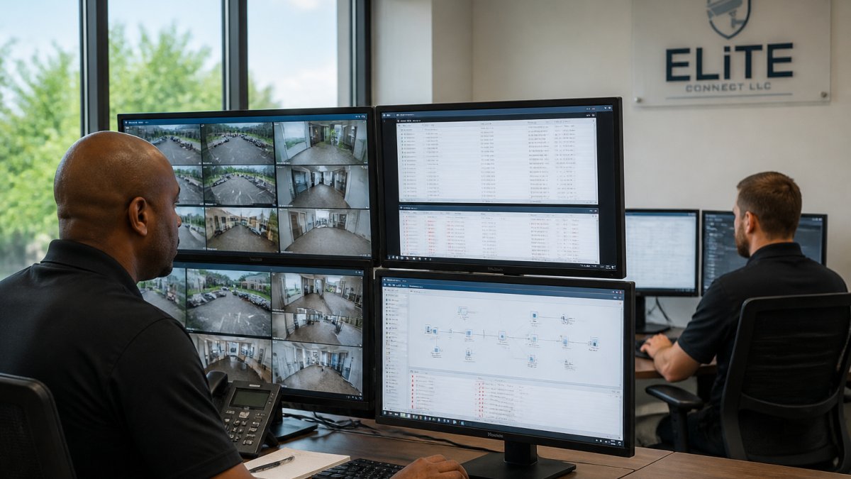 Professional security team monitoring integrated systems on multiple displays showing camera feeds, access logs, and network alerts in a modern operations center with natural lighting