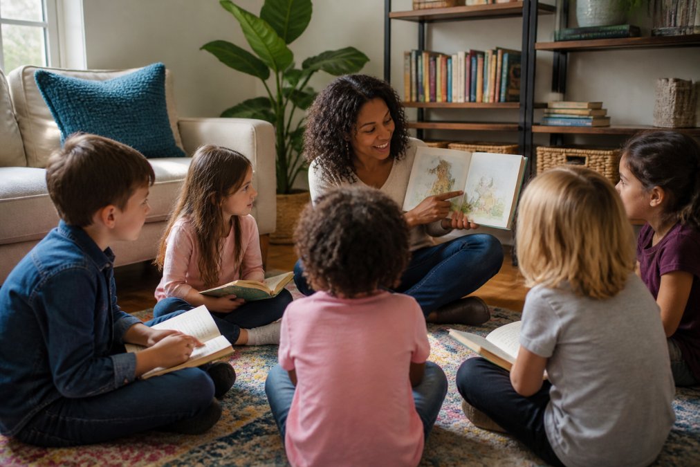 A small group of elementary-aged children sitting in a circle on a colorful rug in a cozy living room, each holding a book, with a parent pointing at a picture book and smiling, warm natural light and bookshelves in the background