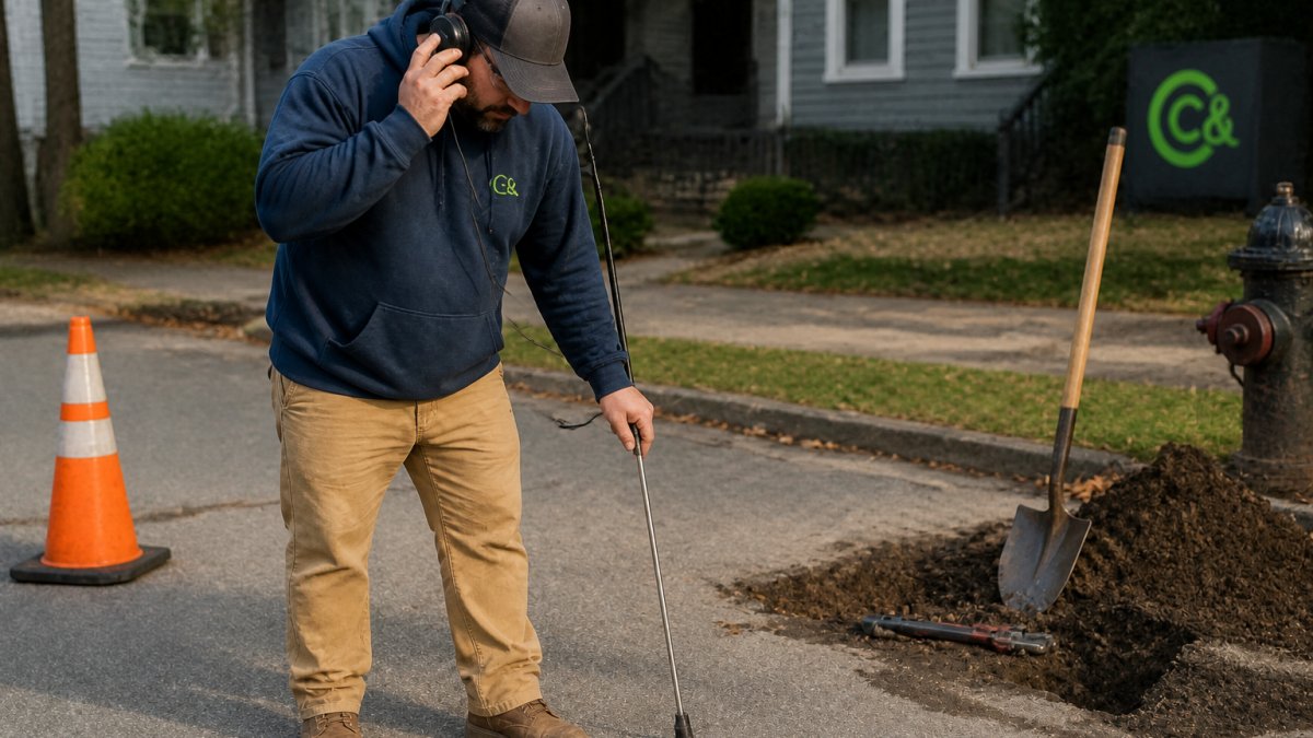 Professional technician using handheld acoustic leak detection equipment on a residential street, holding device to ear while monitoring for water line sounds beneath pavement, with excavation tools visible nearby